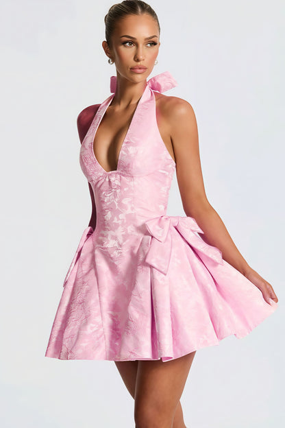 Jacquard Halter V Neck Bow Mini Dress