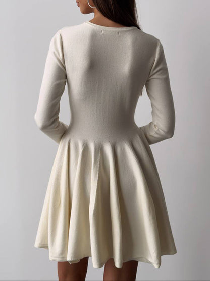 A-line High Waisted No Belt Pleated Color Round-neck Mini Dresses