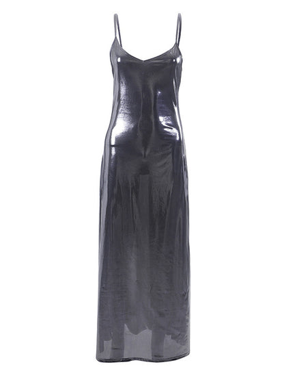 Bodycon High Waisted Shiny Color Spaghetti-neck Maxi Dresses
