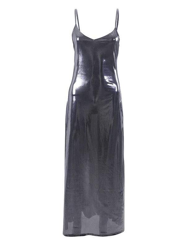 Bodycon High Waisted Shiny Color Spaghetti-neck Maxi Dresses
