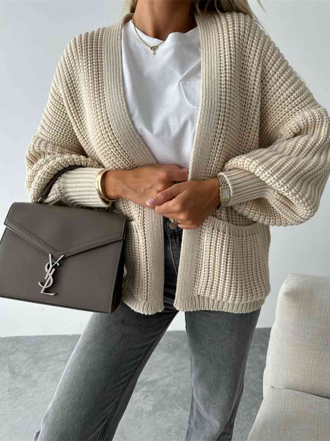 Color V-neck Long-sleeved Knitted Cardigan