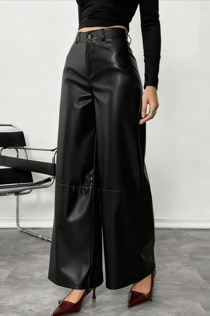 High Waist Fluid Black Pu Leather Wide Leg Pants