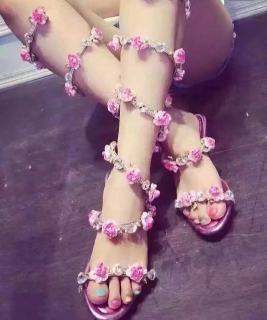 Snake Shaped Entangled Flower Rhinestone Roman Flat Sandals