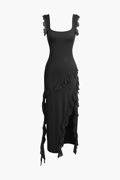 Color Ruffle Trim Slit Sleeveless Maxi Dress