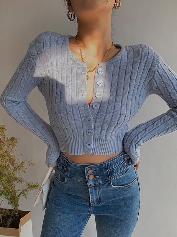 Color Cropped Cable Knit Cardigan