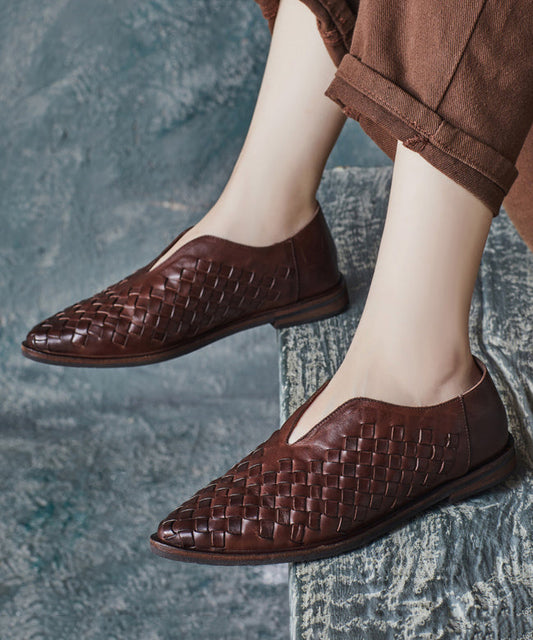 Coffee Flat Shoes for Retro Cowhide Leather Pointed Toe