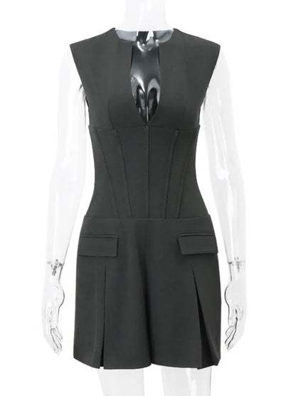 Patchwork Sleeveless V-neck Mini Dress – Pocket Slim High Waist Dress for Summer