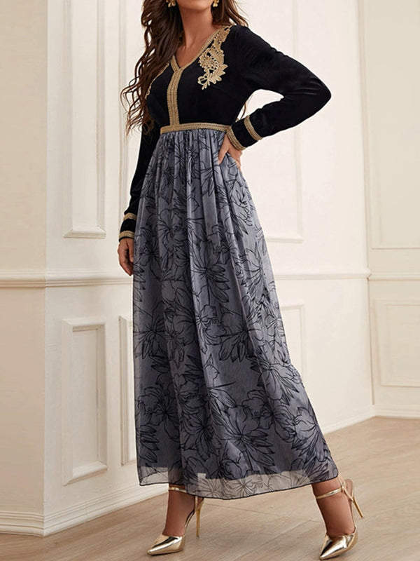 A-line High Waisted Embroidered Flower Print Split-joint V-neck Maxi Dresses