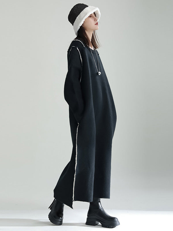 Long Sleeves Loose Color Round-neck Sweater Dresses