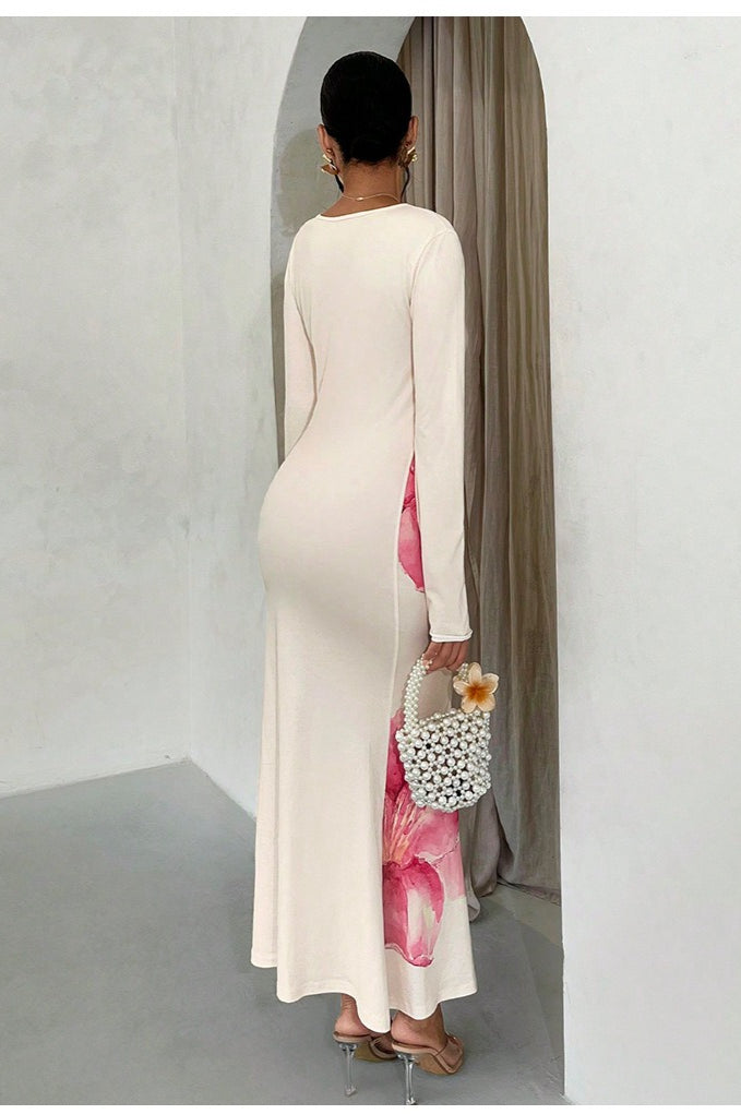 Print Bodycon Long Sleeve Maxi Dress