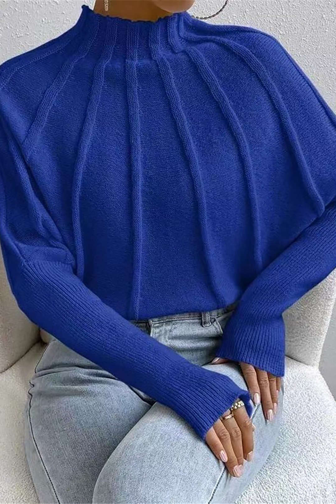 Color Mock Neck Textured Batwing Sleeve Sweater