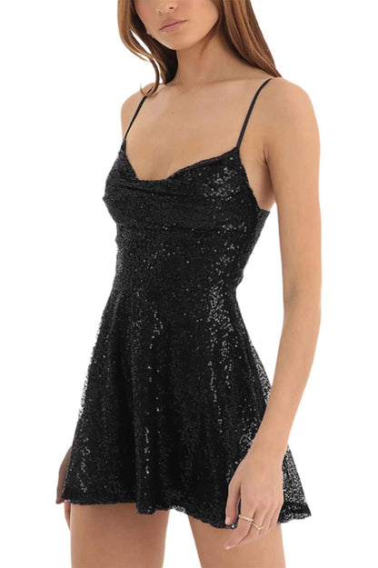 Stylish and Sequin Sling Backless Lace-up Mini Dress