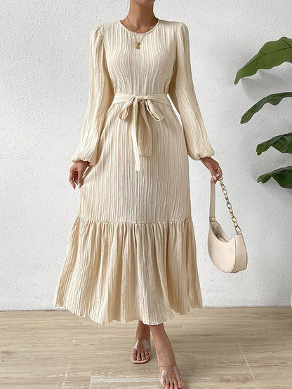 A-line Long Sleeves Elasticity Pleated Color Split-joint Tied Waist Round-neck Midi Dresses
