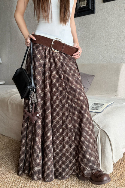 Plaid Earthy Tones High Waist Flowy Midi Skirt