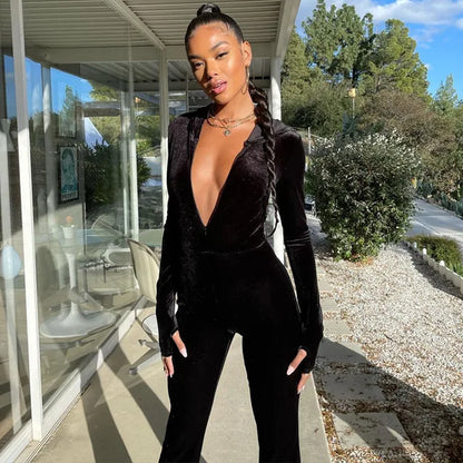Black Corduroy Bodycon Hooded Jumpsuit Autumn New Long Sleeve V-neck Outfits Female Overalls Fitness New