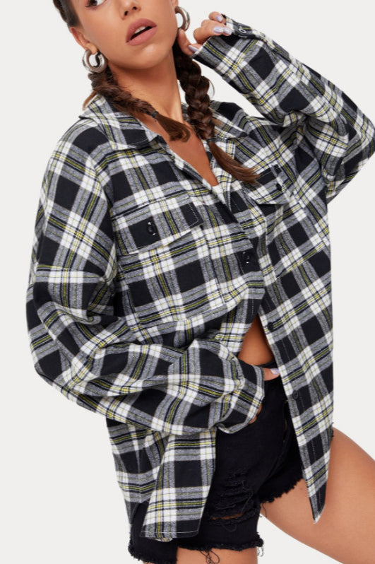 Plaid Stand Collar Button Shirt Blouse