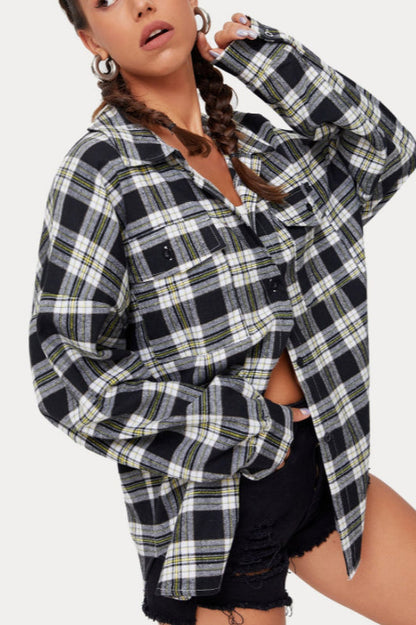 Plaid Stand Collar Button Shirt Blouse