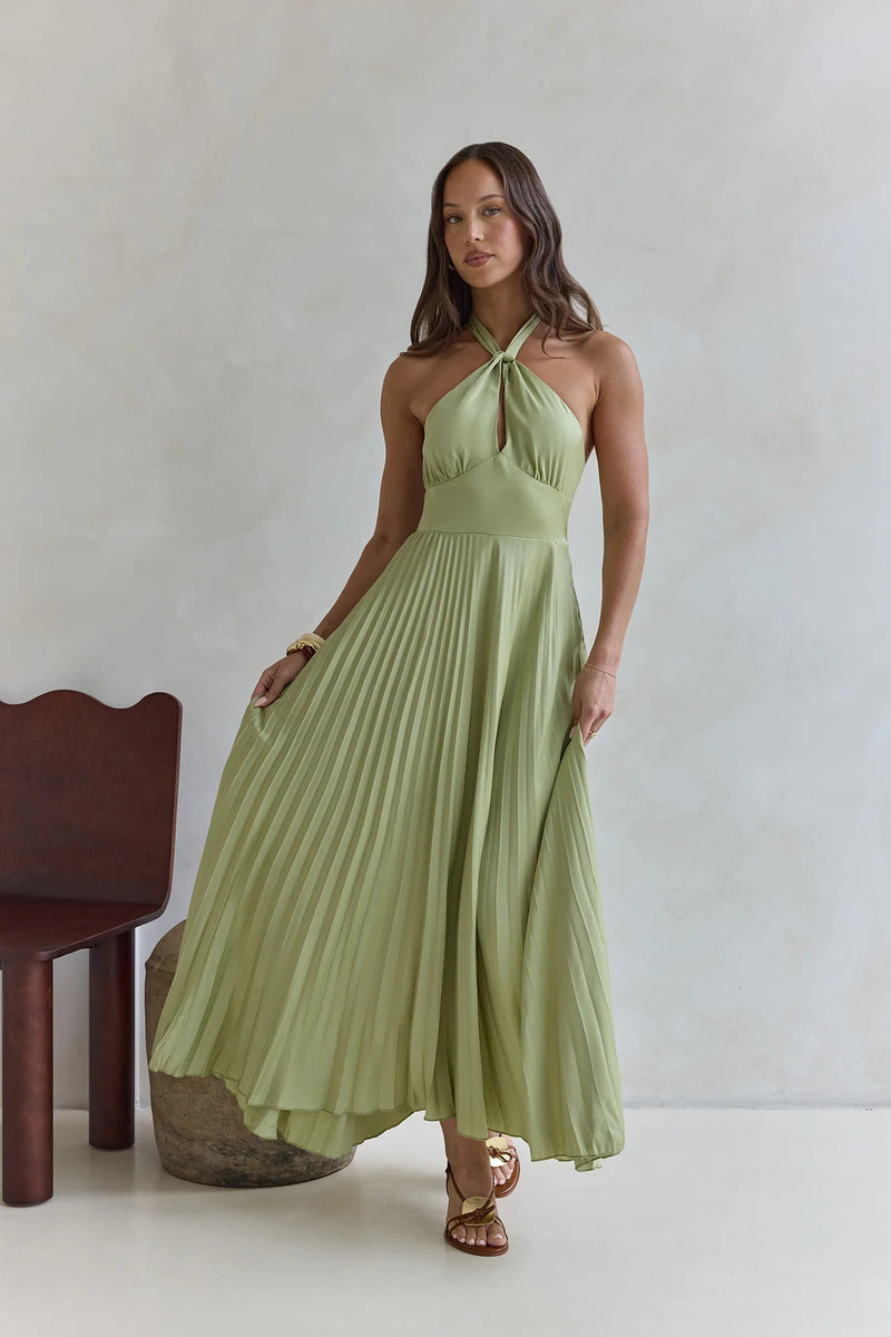 Color Halter Neck Hollowed-out Pleated Holiday Maxi Dress