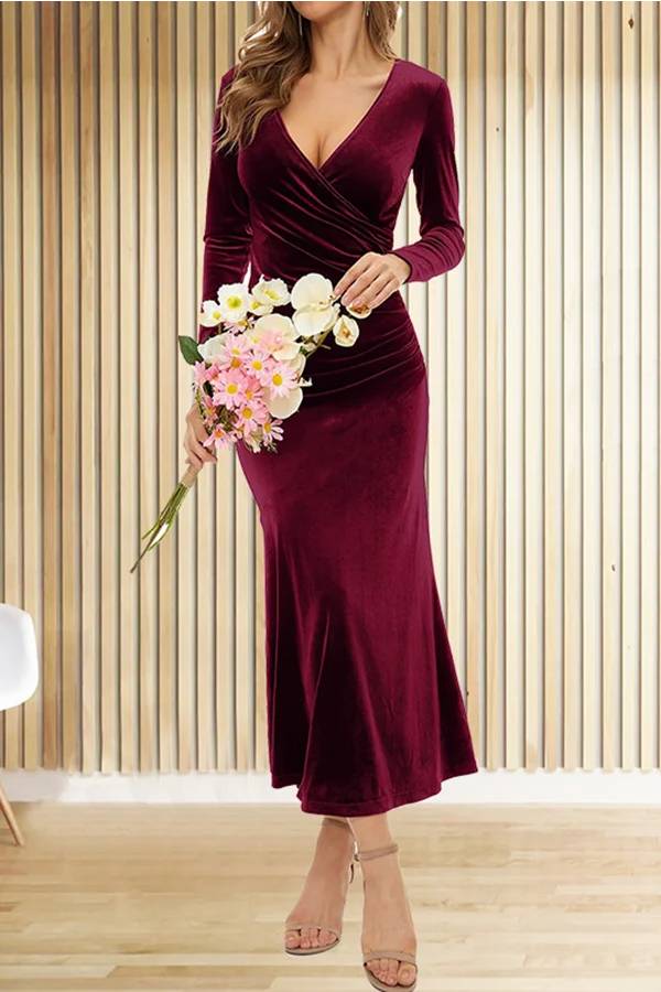 Velvet Long Sleeve V Neck Slim Fit Fishtail Maxi Dress
