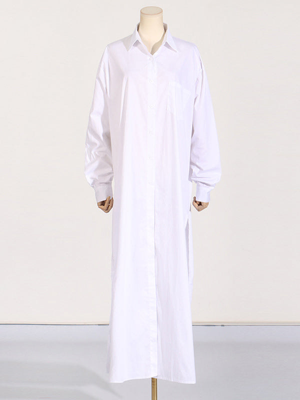 Long Sleeves Loose See-through Color Split-joint Split-side Lapel Maxi Dresses Shirt Dress