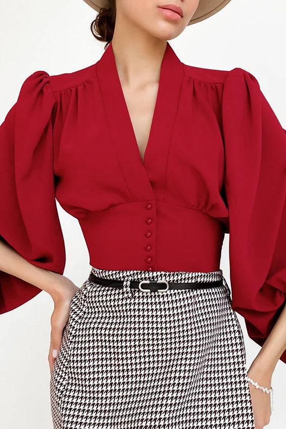 V Neck Lantern Sleeve Slim Blouse