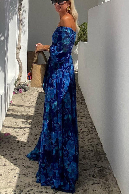 ' One Shoulder Blue Flower Design Off Shoulder Back Smoke Vacation Long Dress