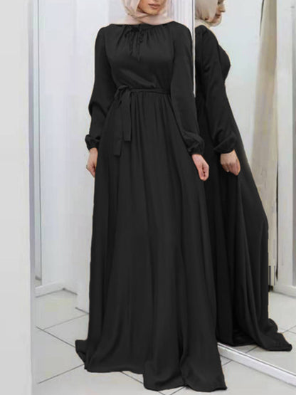 Long Sleeves Loose Pleated Color Tied Waist Maxi Dresses