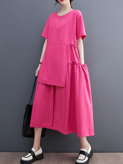 Loose Short Sleeves Color Split-joint Round-neck Midi Dresses