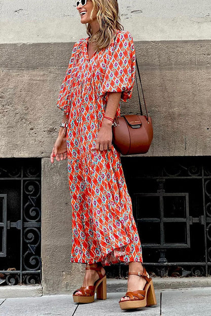 Fashionable Street Picnic Bubble Sleeve Layered Party Midi Dress