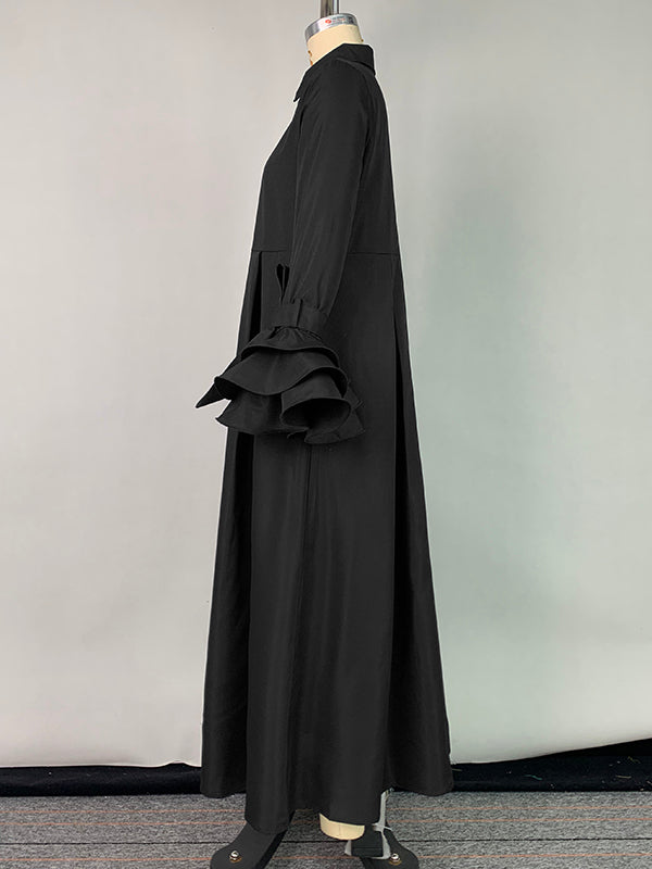 Flared Sleeves Pleated Color Split-joint Lapel Maxi Dresses Shirt Dress