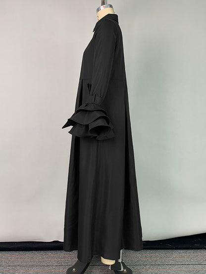 Flared Sleeves Pleated Color Split-joint Lapel Maxi Dresses Shirt Dress