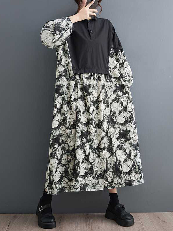 Long Sleeves Loose Buttoned Printed Split-joint Lapel Midi Dresses