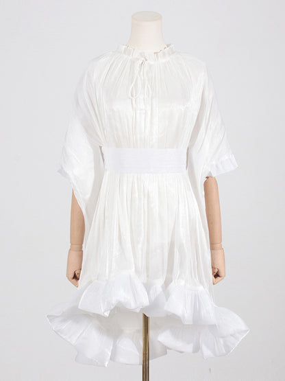 High-low Loose Pleated Split-joint Stand Collar Mini Dresses