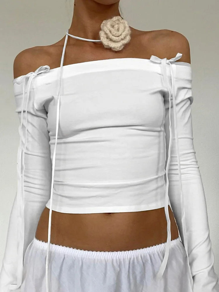 Bow Off Shoulder Skinny Tops for Autumn Winter Y2k Long Sleeve T-shirts Basic