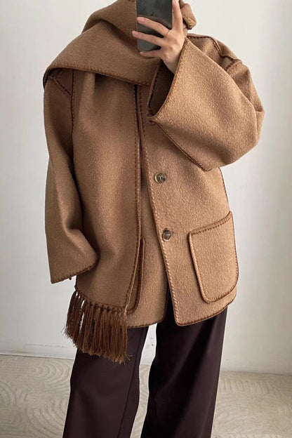 Scarf Collar Tassel Wool Embroidered Coat