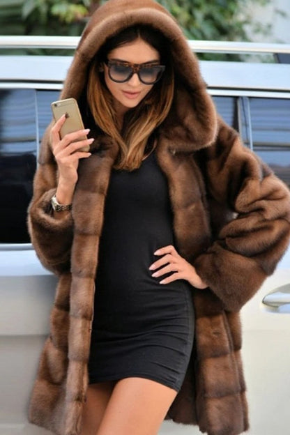 Faux Mink Fur Hooded Mid-length Loose Coat