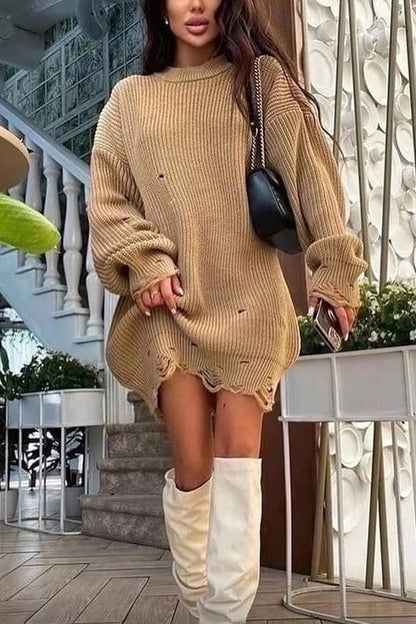 Color Loose Ripped Knitted Mid-length Sweater