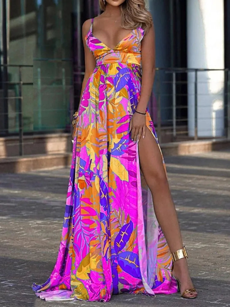 Color Print Spaghetti Strap Long Dresses Deep V-neck Backless Slit Dress Beach Vacation Maxi Vestido