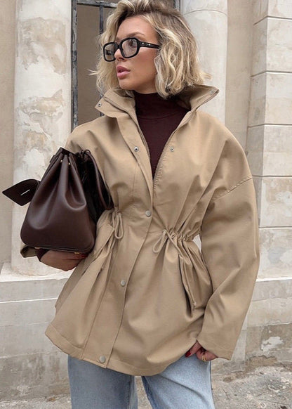 Beige Drawstring Waist Coat - Modern Mid-length Jacket