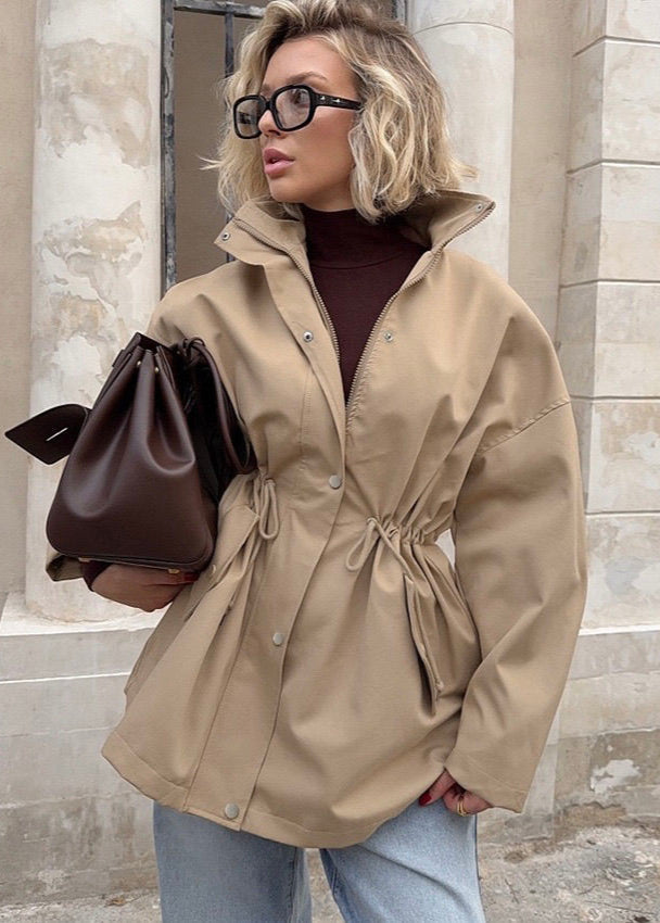 Beige Drawstring Waist Coat - Modern Mid-length Jacket