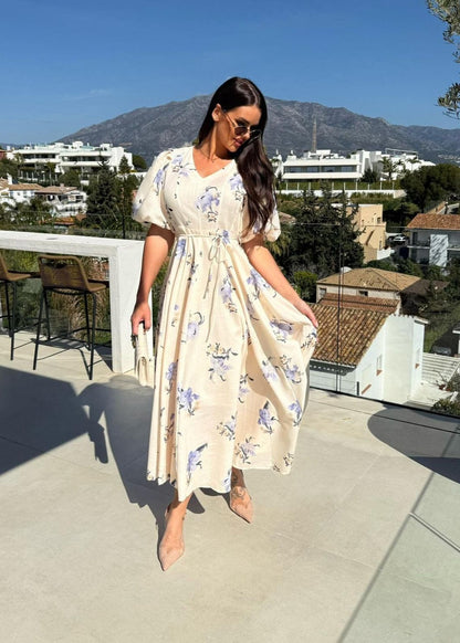 Beige Puff Sleeve Maxi Dress – V-neck A-line Gown