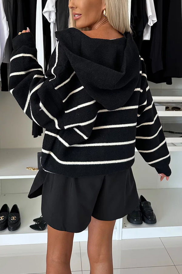 And Comfort Knit Striped Button Up Pocketed Loose Hooded Cardigan