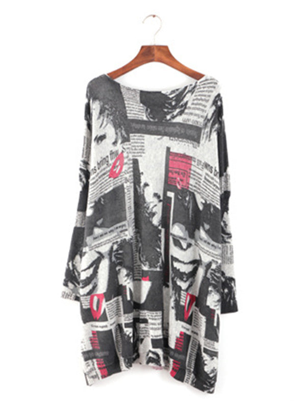 Urban Loose One-shoulder Printed Split-joint Sweater