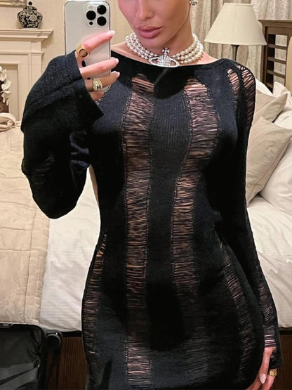 Sheer Knitted Dress Bodycon Long Sleeve Hollow Out Mini Dresses Femme Club Backless Knitwear Dress