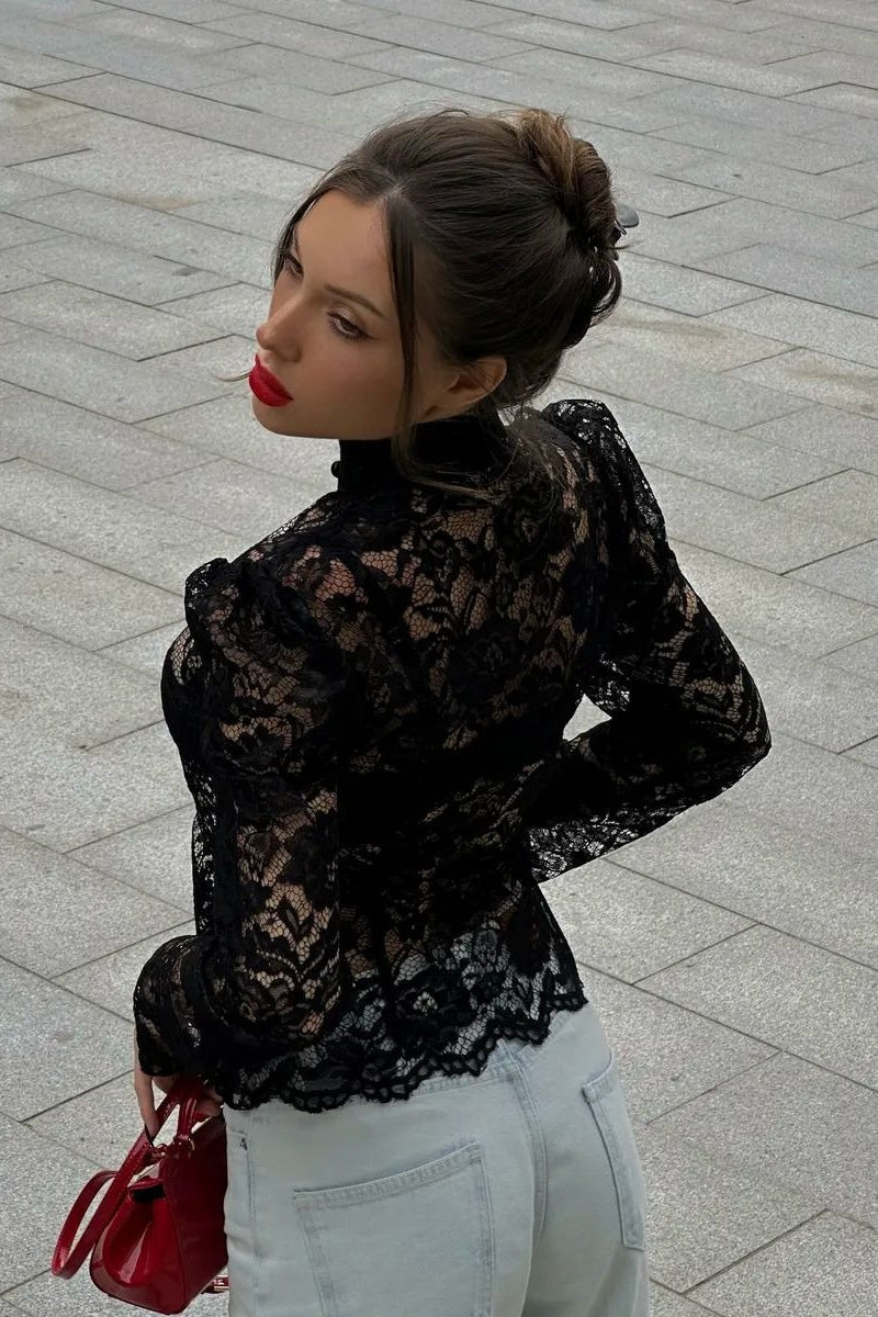 Lace Puff Sleeve Stand Collar Blouse