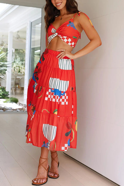 Unique Printed Camisole Elastic Waist Long Skirt Two Piece Set