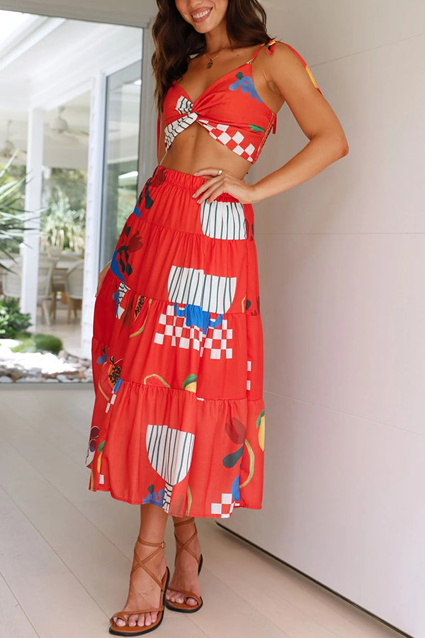 Unique Printed Camisole Elastic Waist Long Skirt Two Piece Set