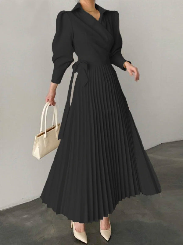Office Pleated Asymmetric Color Lapel Maxi Dresses