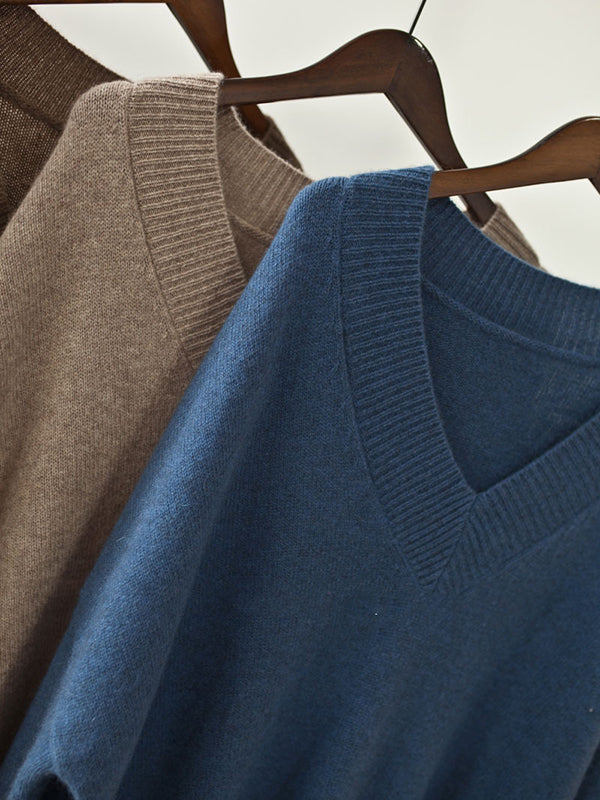 Stylish Long Sleeves Loose Color V-neck Sweater Dresses