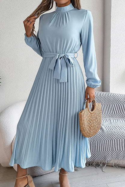 Stand-collar Long-sleeve Waisted Tie-up Pleated Midi Dress